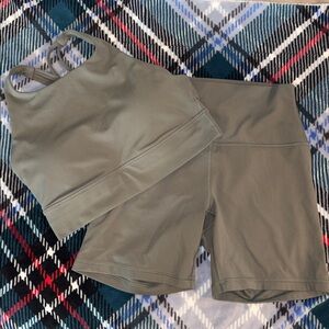 Grey Sage High-Neck Strappy Sports Bra AND Biker Shorts Set; Size Medium